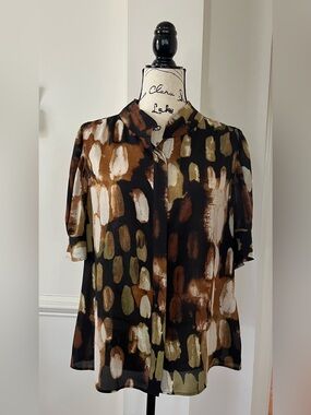 DKNY Abstract Brushstroke Short Sleeve Blouse